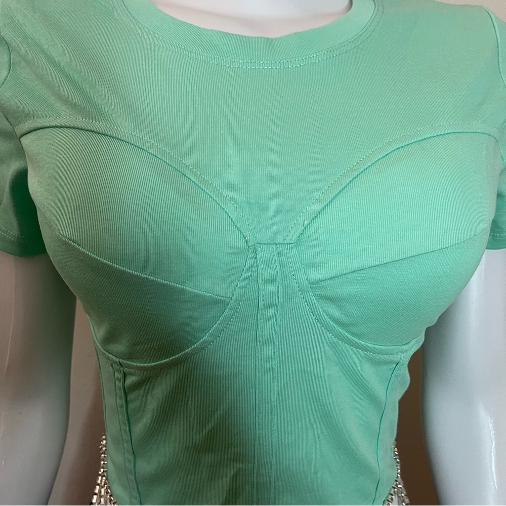 Green mint cropped shirt short sleeve padded cups and rhinestones decor - Picture 3 of 13
